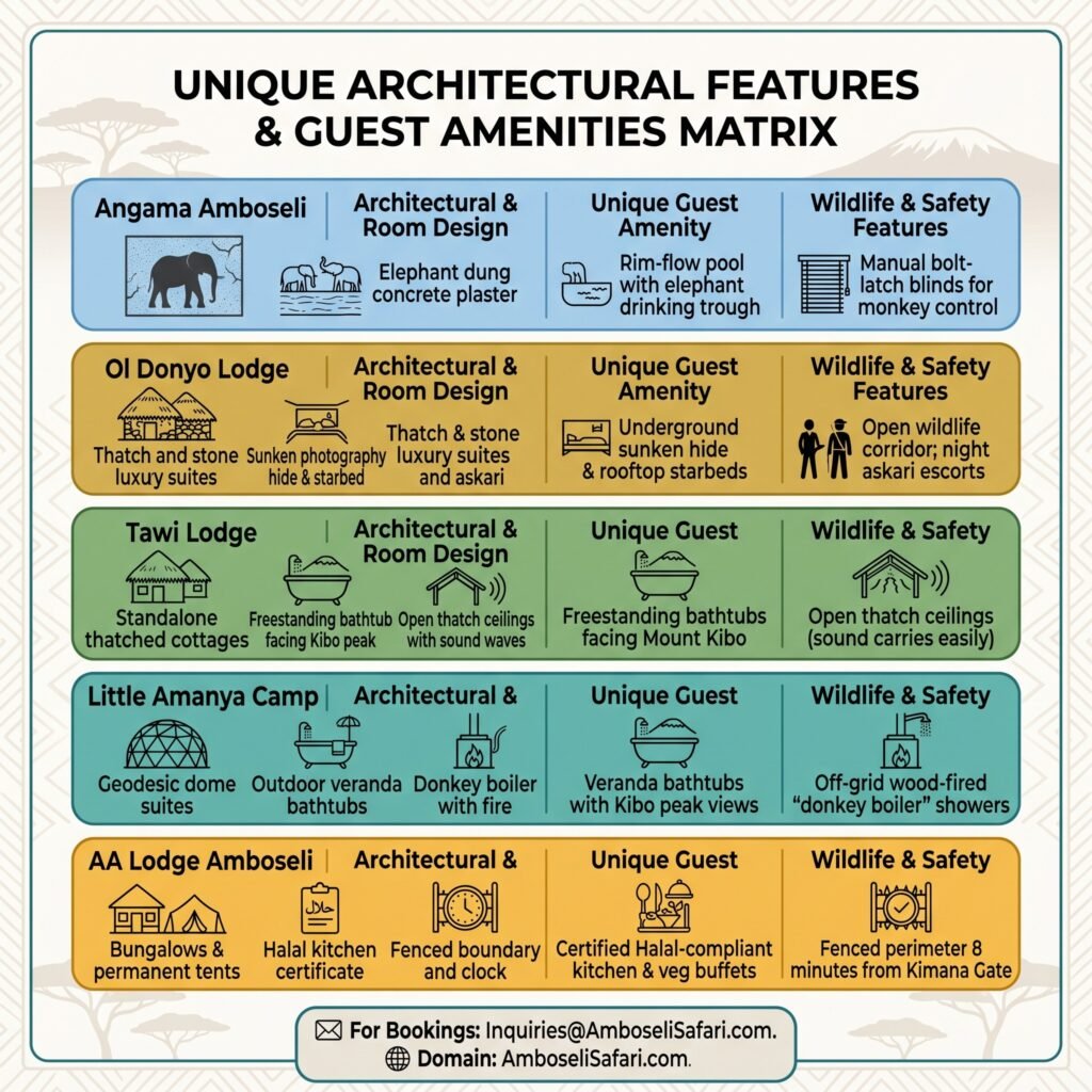 Infographic matrix comparing unique architectural designs and guest amenities at five distinct Amboseli lodges and camps.