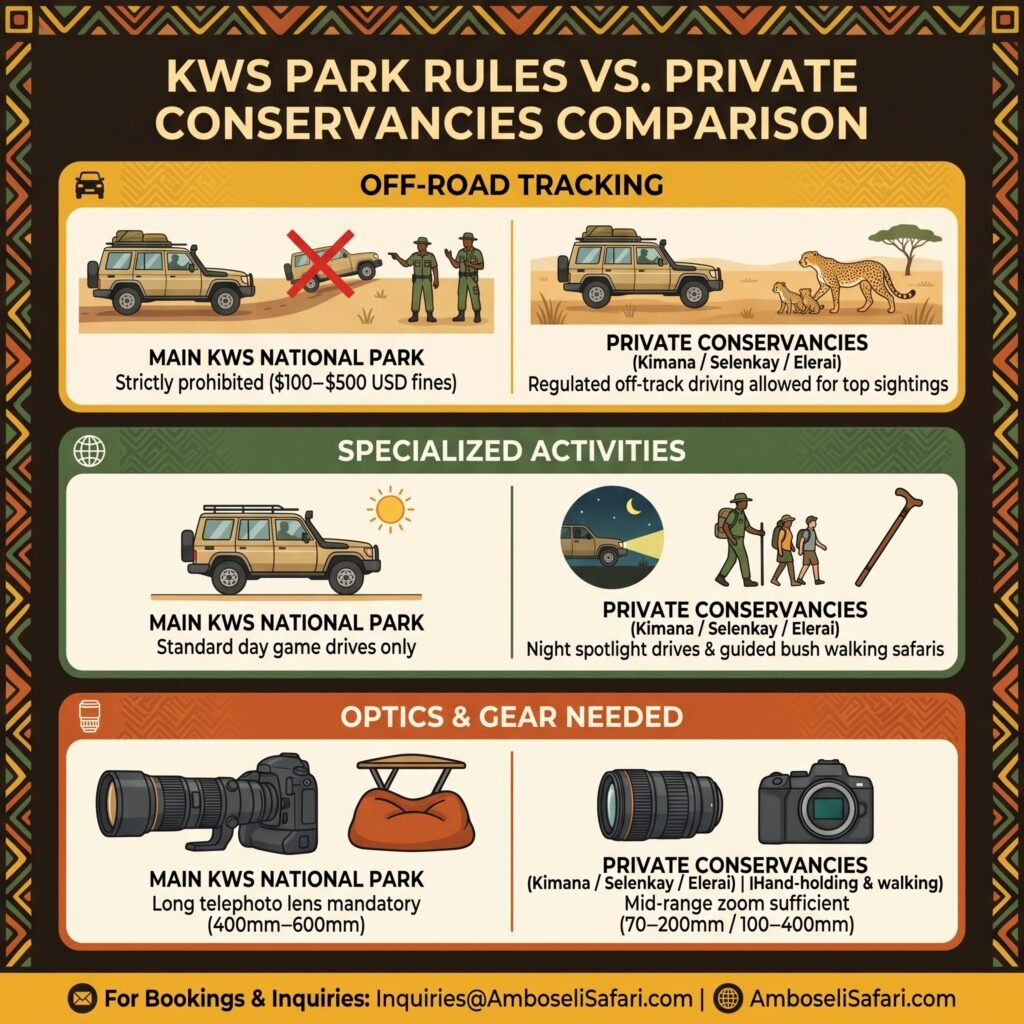 Square infographic matrix comparing off-road rules, activities, and gear for KWS National Park vs. private Amboseli conservancies.