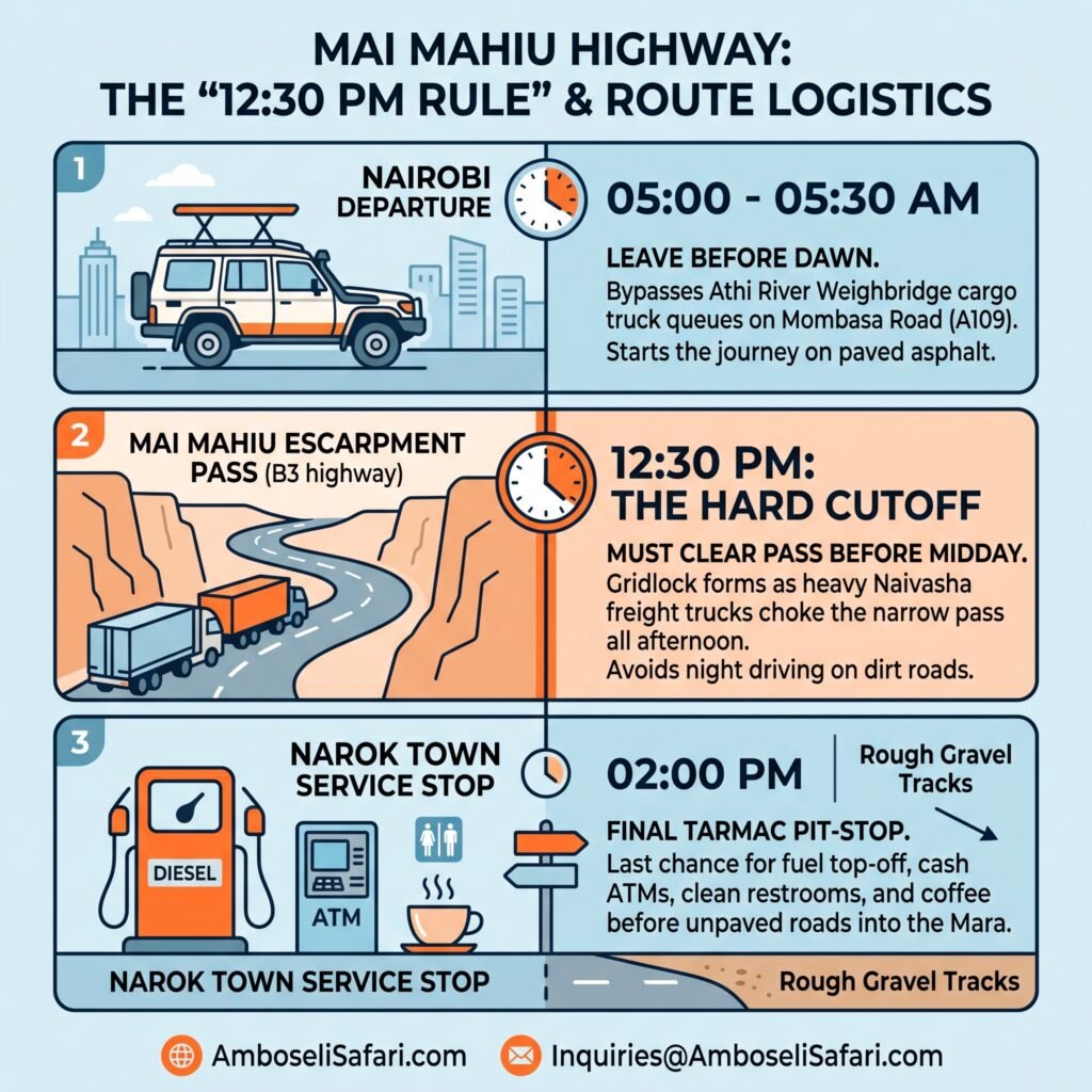 Square infographic illustrating Nairobi departure times, the Mai Mahiu 12:30 PM cutoff rule, and Narok logistics.