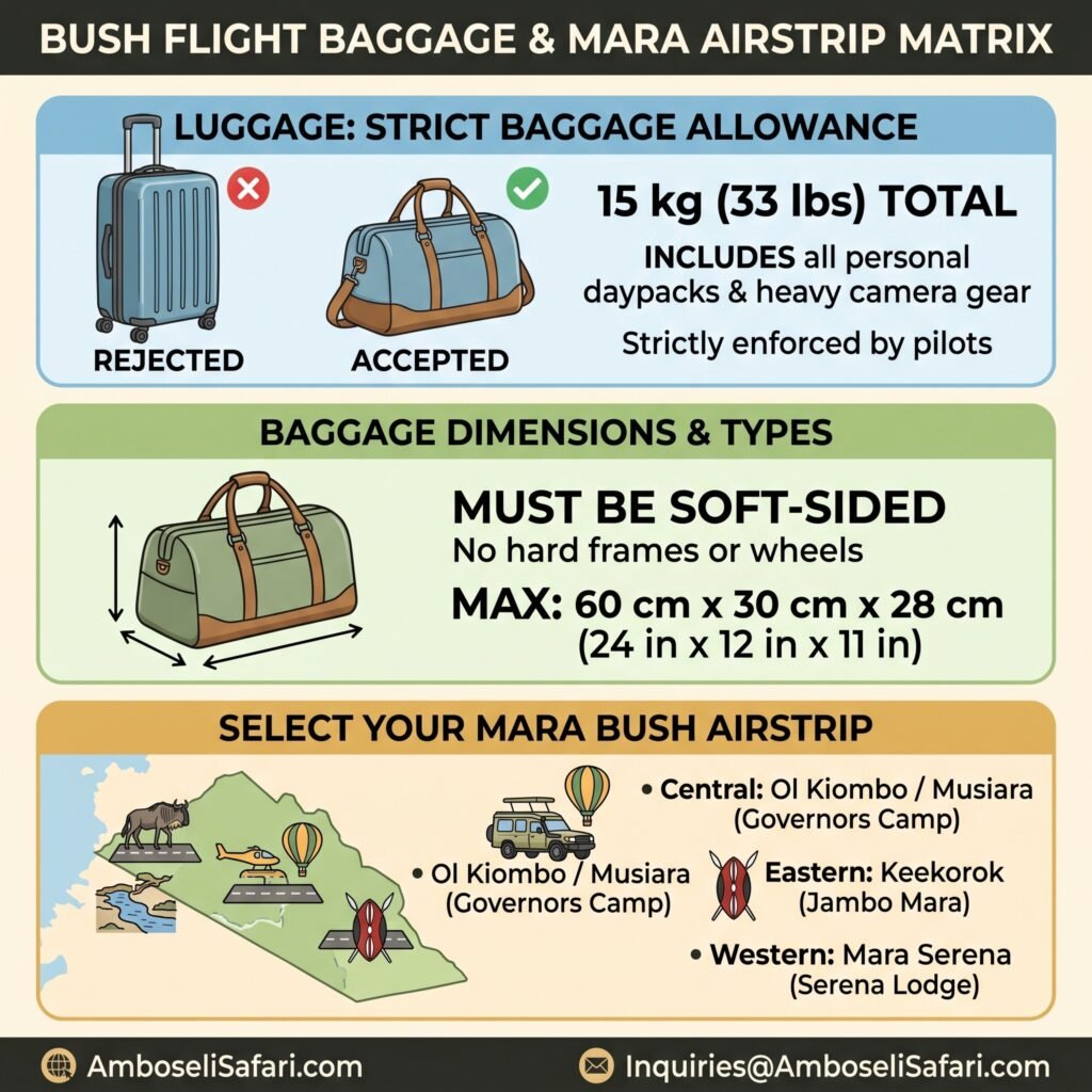 Square infographic illustrating 15 kg soft duffel luggage limits and Masai Mara airstrip lodge connections.