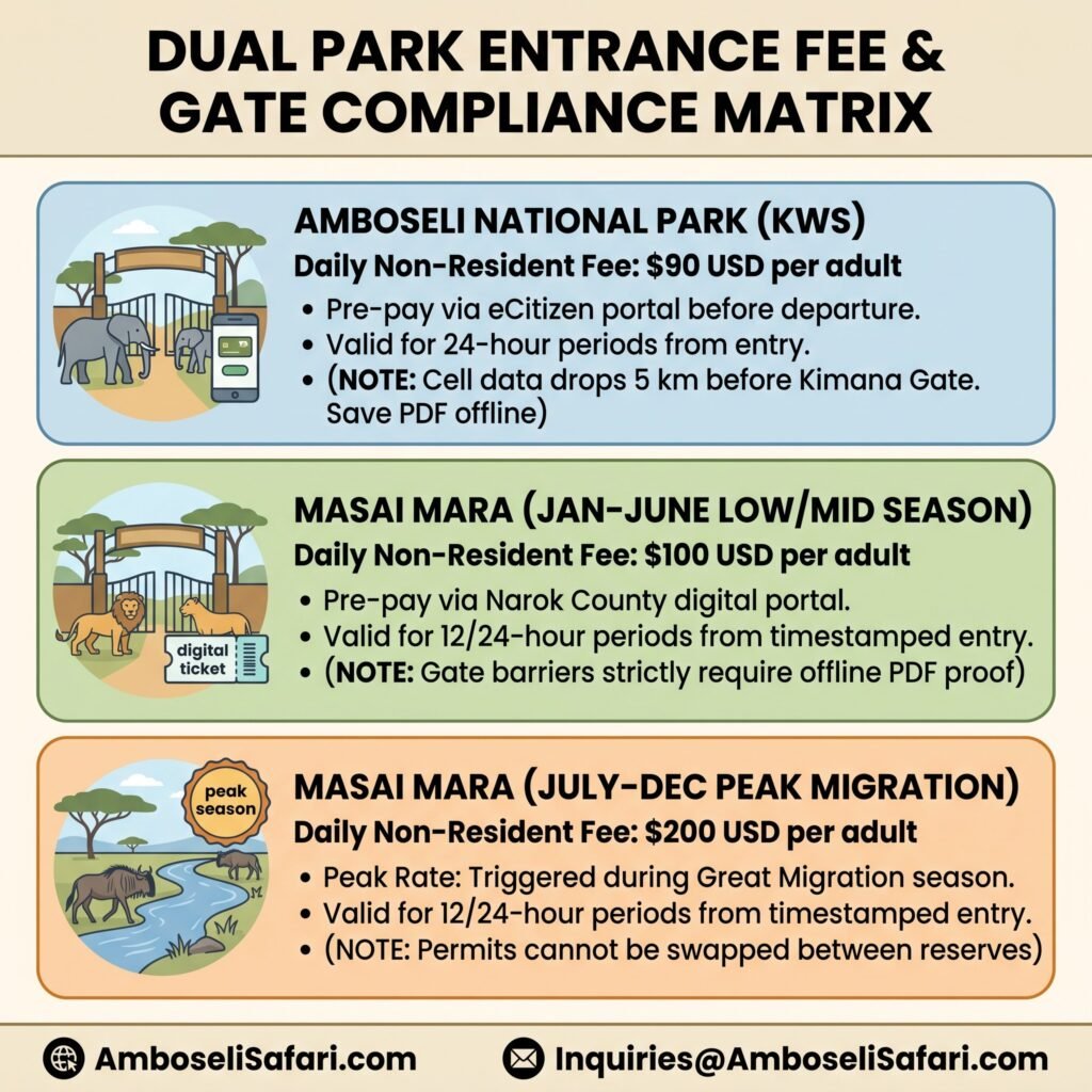 Square infographic breaking down Amboseli KWS and Masai Mara Narok County park entrance fees and gate rules.