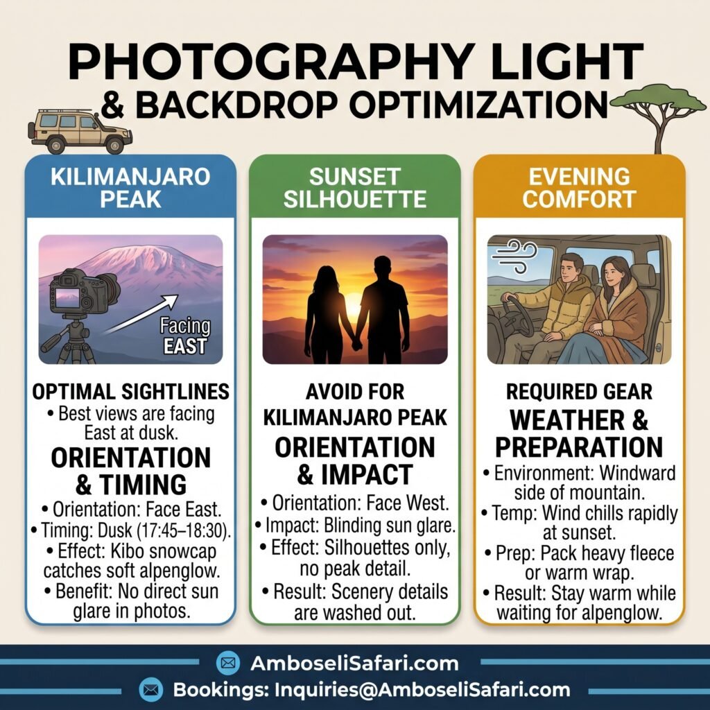 Square infographic detailing ideal facing directions for Kilimanjaro photos, sunset silhouette warnings, and required cold-weather gear.