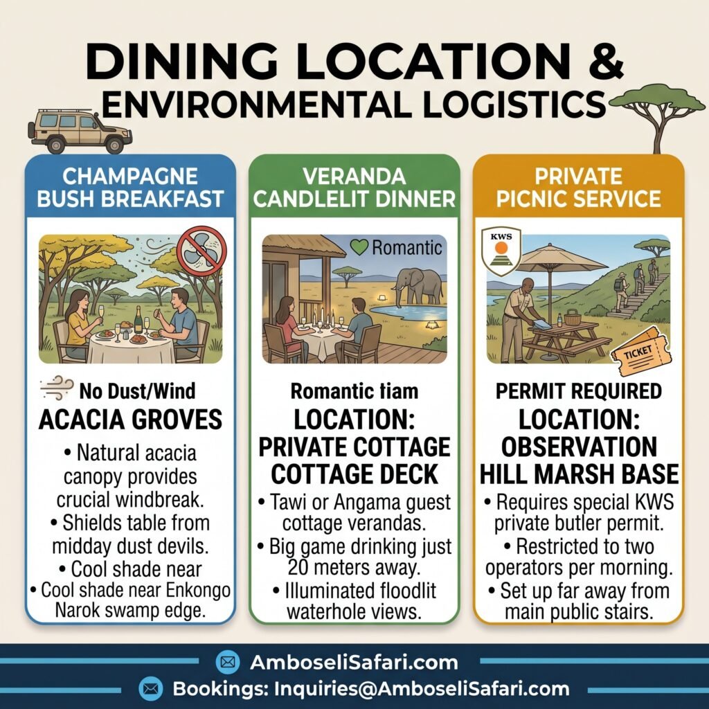 Square infographic with three columns detailing champagne bush breakfast, veranda candlelit dinner, and private picnic logistics in Amboseli.