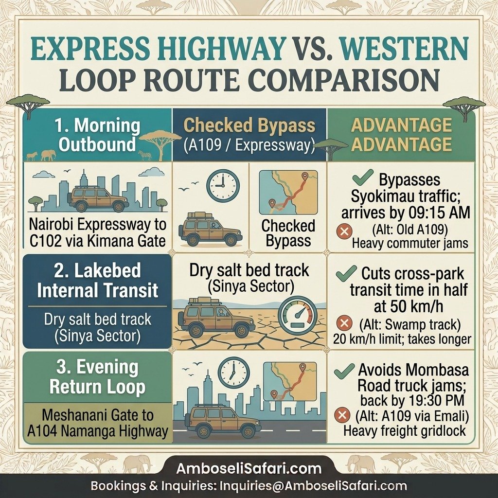Infographic comparing morning outbound, lakebed transit, and evening return routes for a day safari from Nairobi to Amboseli.