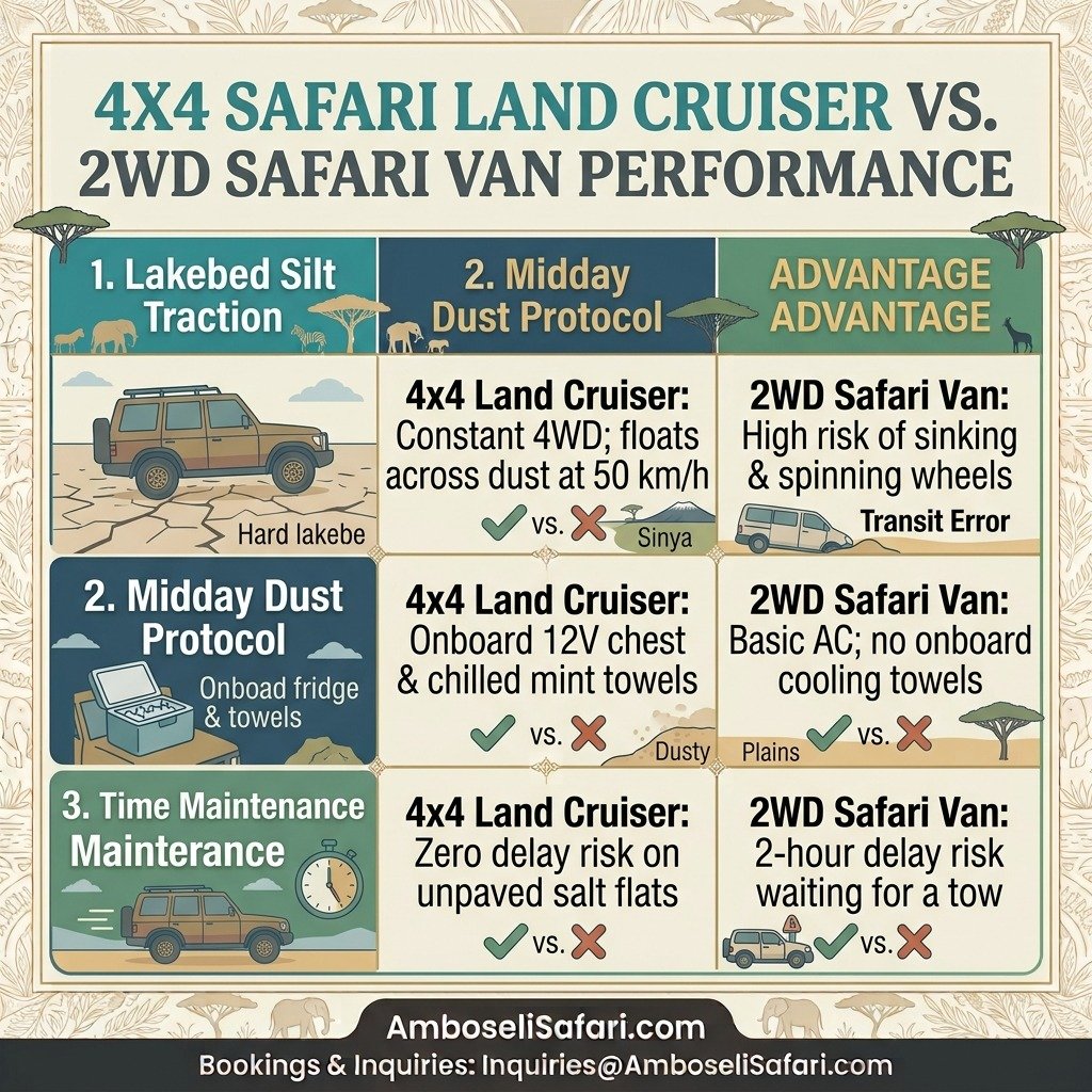 Infographic comparing 4x4 Land Cruisers and 2WD vans on lakebed traction, dust protocols, and delay risks in Amboseli.