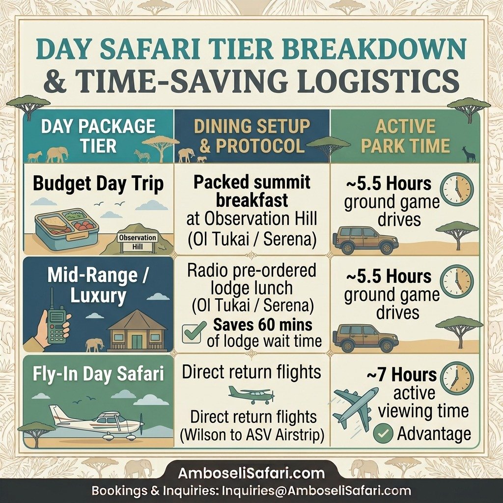 Infographic comparing dining setups, pre-ordering protocols, and active park time across budget, mid-range, and fly-in day safari tiers.