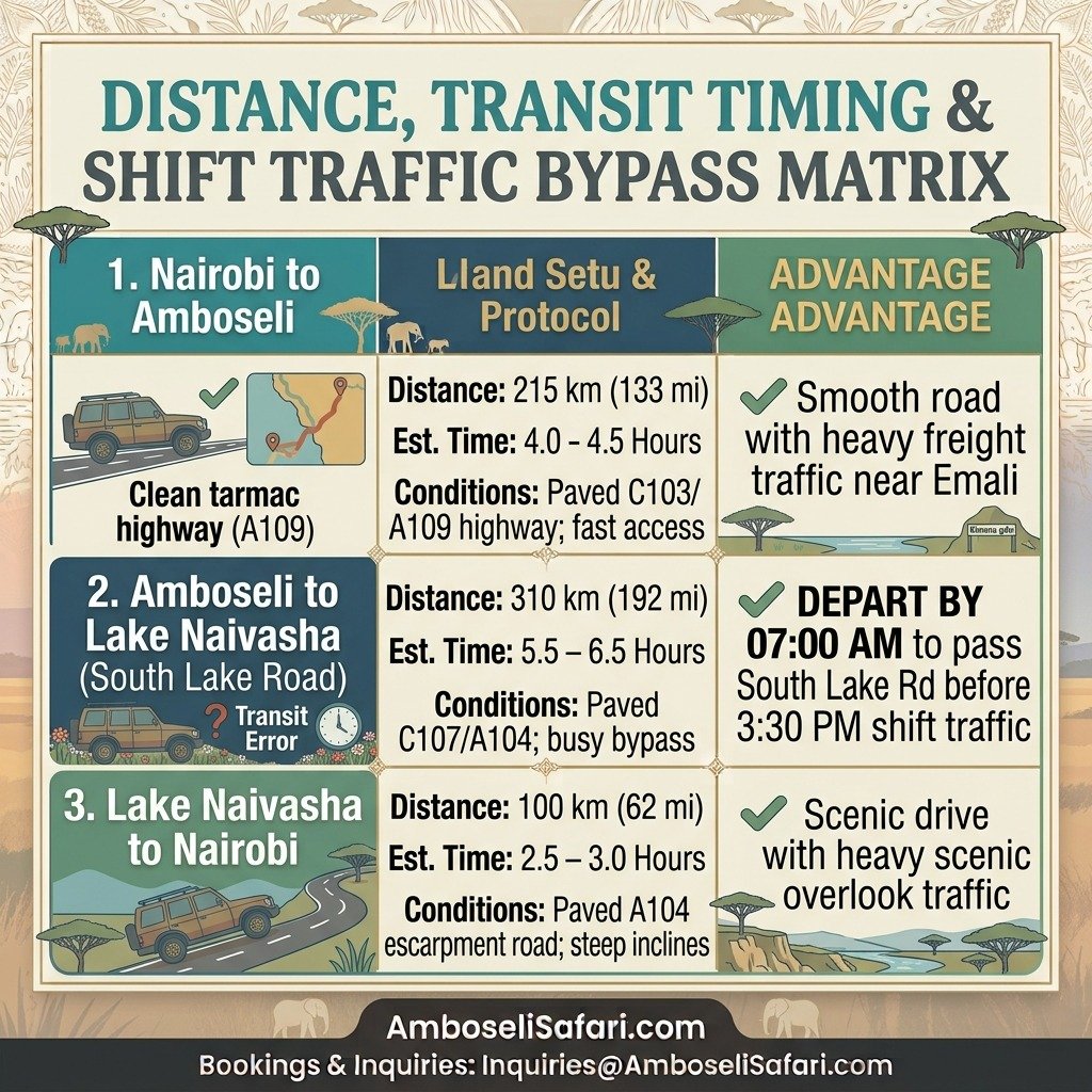 Infographic matrix mapping distances, driving times, and shift traffic bypass routes between Nairobi, Amboseli, and Lake Naivasha.
