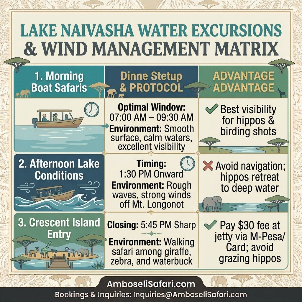 Infographic matrix showing optimal morning boat windows, rough afternoon lake conditions, and Crescent Island entry protocols in Naivasha.