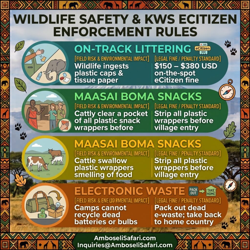 Infographic outlining KWS eCitizen littering fines, Maasai boma livestock rules, and safari e-waste disposal protocols.