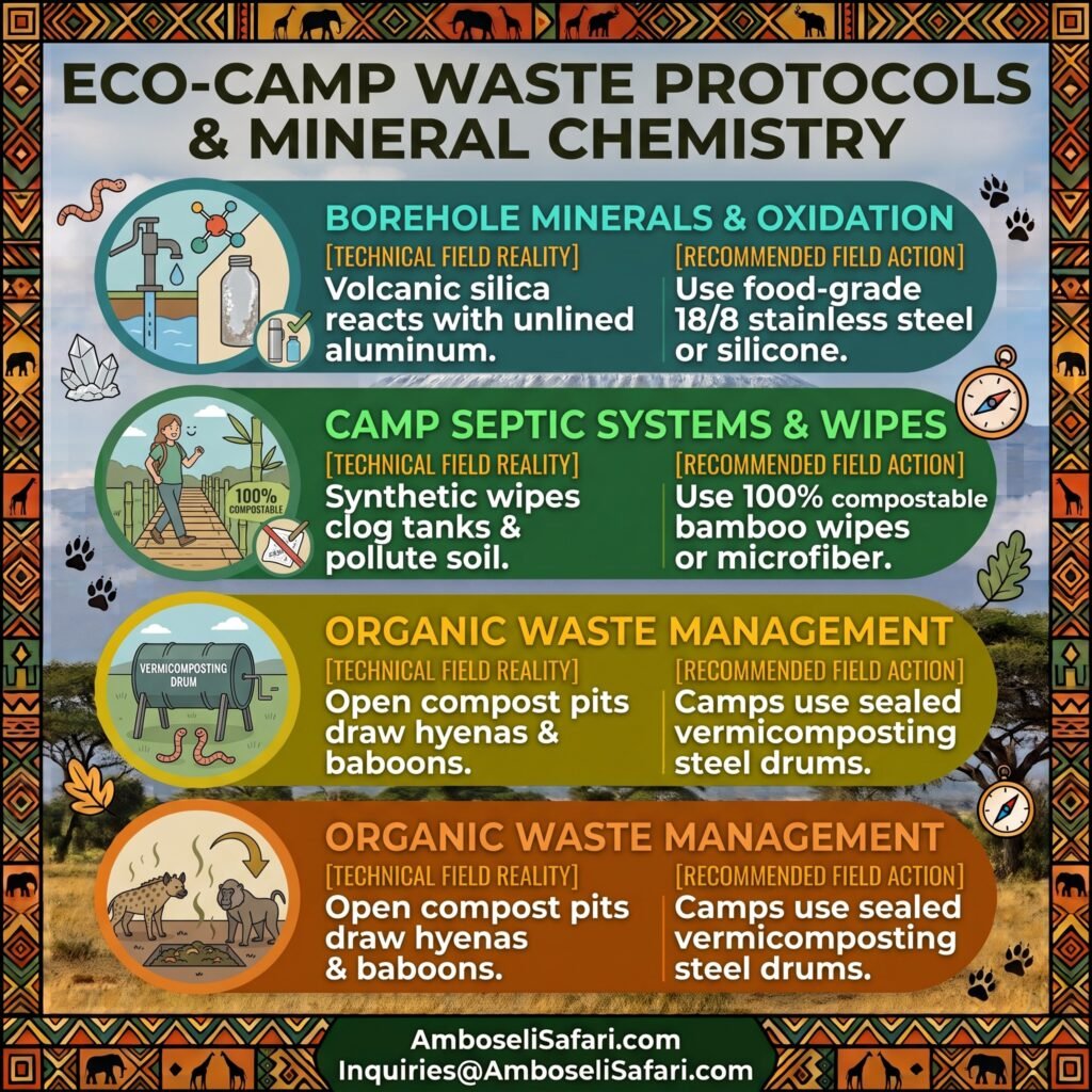Infographic covering borehole mineral oxidation, compostable wipe rules, and eco-camp vermicomposting waste protocols in Amboseli.