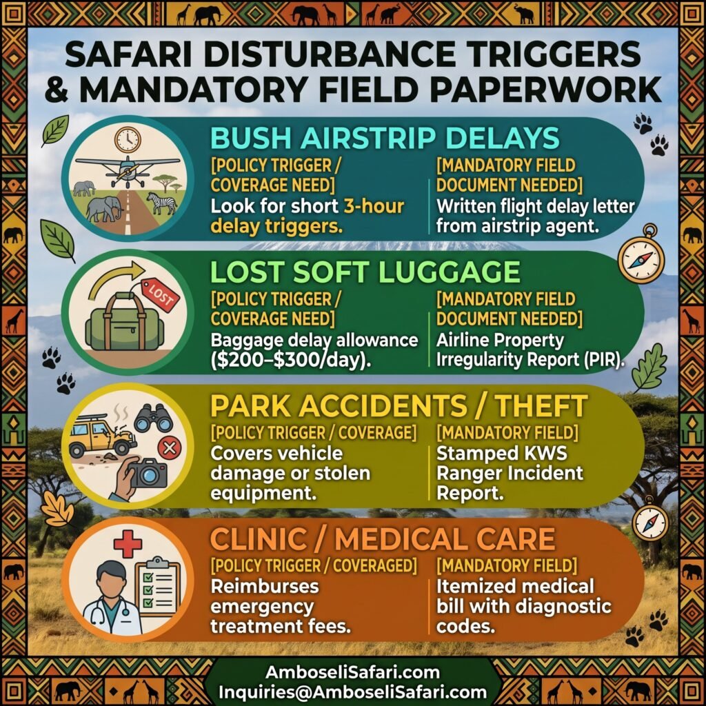 Infographic outlining safari disturbance triggers, policy requirements, and essential field paperwork for travel insurance claims.