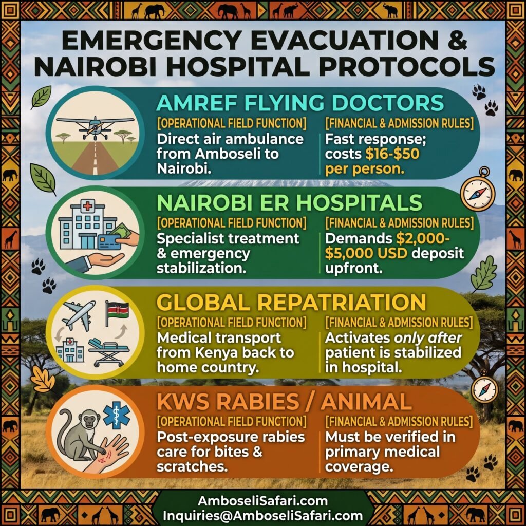 Infographic detailing emergency air ambulance evacuations, Nairobi hospital deposit rules, and global medical repatriation.