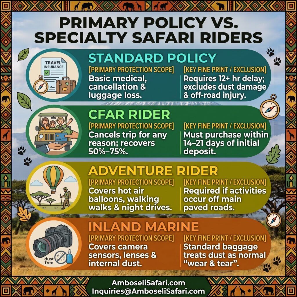 Infographic comparing standard travel insurance policies with CFAR, adventure, and camera dust riders for safaris.