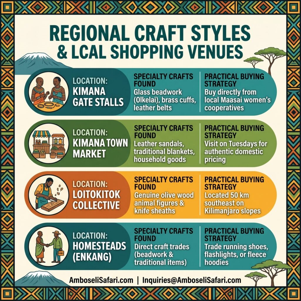 An infographic guide showing regional craft styles and local shopping venues near Amboseli.