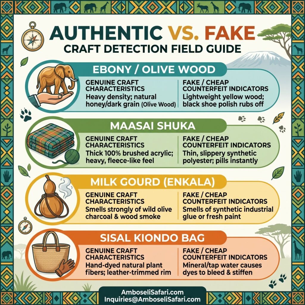 Infographic field guide comparing genuine East African crafts with cheap counterfeits for wood, blankets, and gourds.