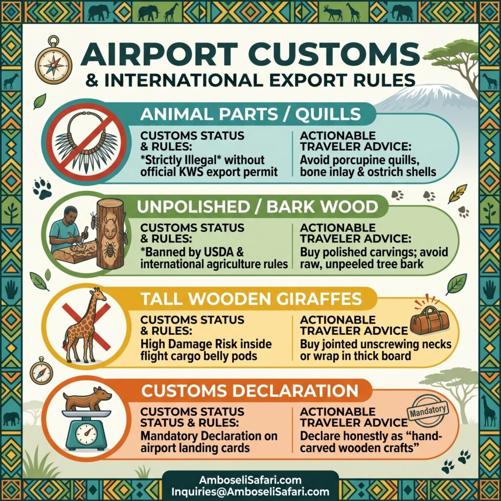 Infographic outlining Kenya Wildlife Service export restrictions and airport customs rules for souvenir items.
