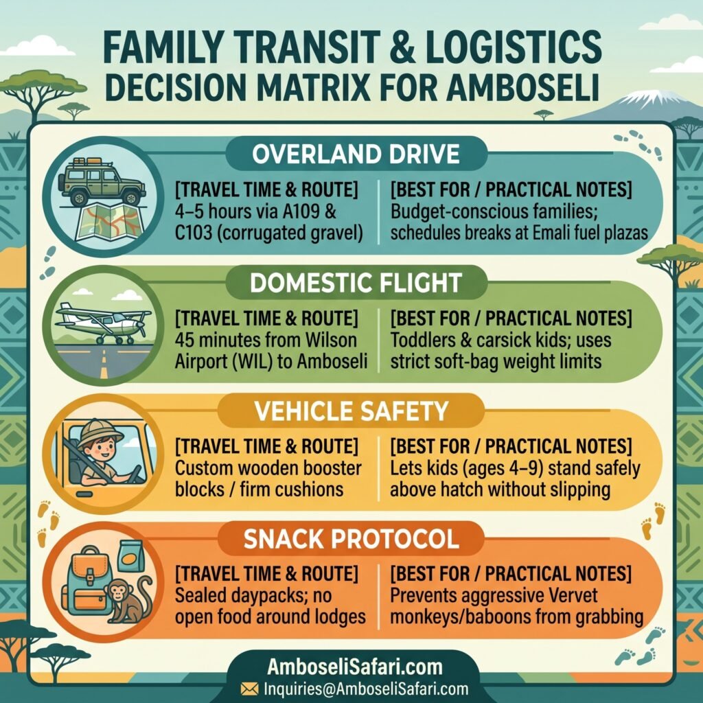 An infographic matrix comparing transit options, safety, and snack rules for Amboseli family safaris.