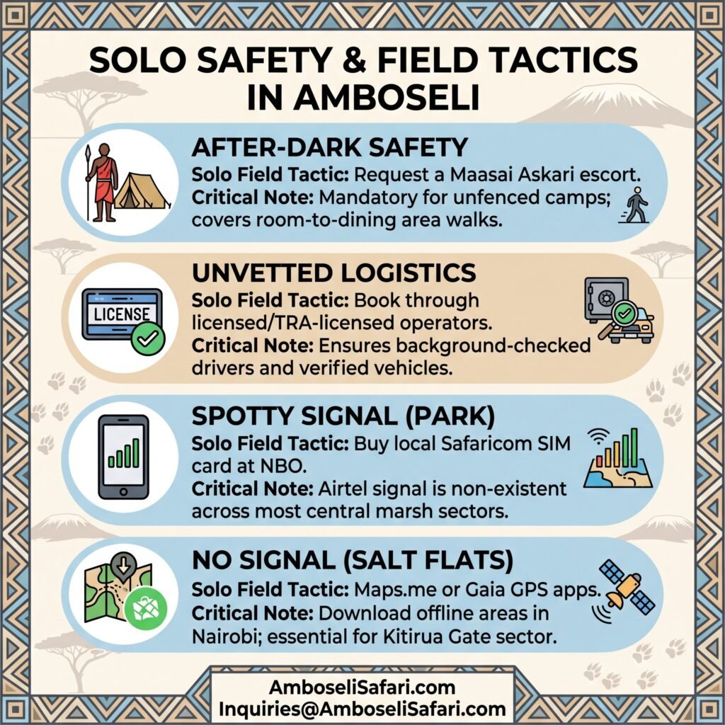 An infographic with icons providing essential safety, signal, and navigation tips for solo travelers in Amboseli.