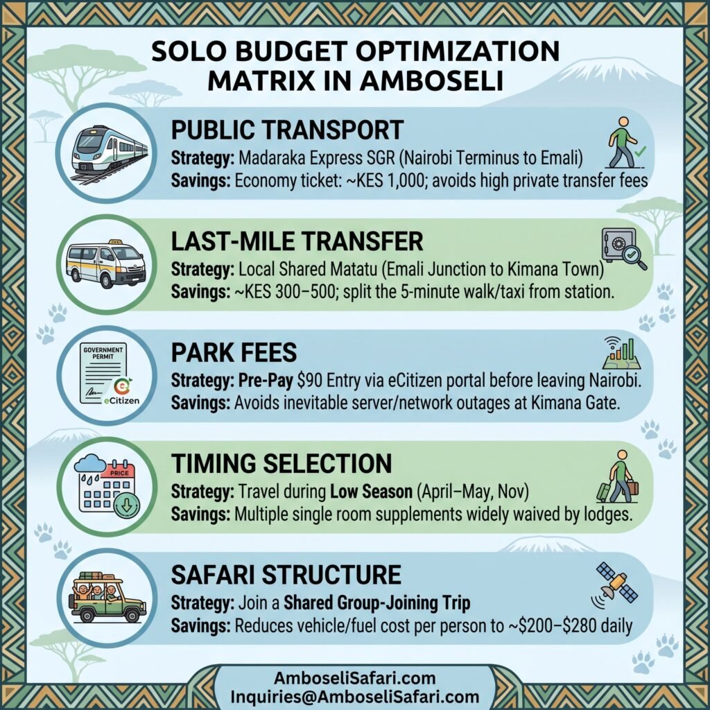 An infographic breaking down five practical budget strategies for solo travelers visiting Amboseli.
