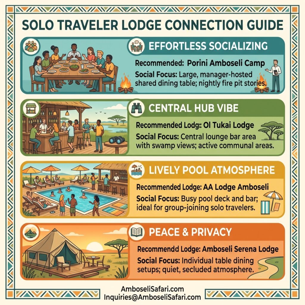 An infographic with four colored panels showing social features of different Amboseli lodges for solo travelers.