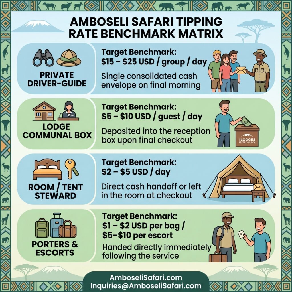 An infographic breaking down daily tipping benchmarks and etiquette for Amboseli drivers, lodges, and staff.