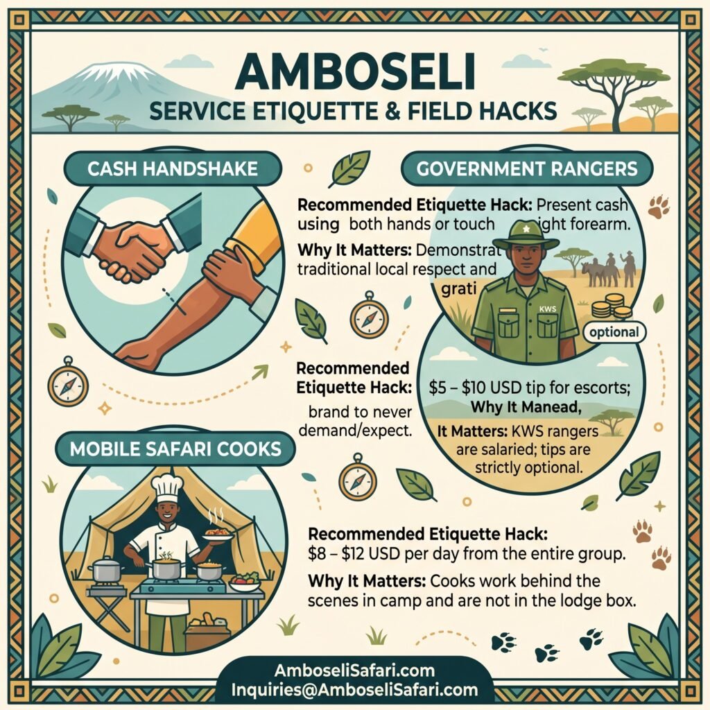 Infographic with three circles illustrating cash handshake etiquette, government ranger rules, and mobile cook tips.