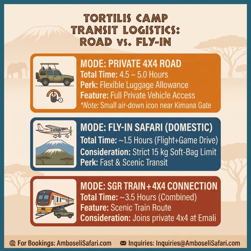 Infographic comparing private road, fly-in flight, and SGR train transfer options to Tortilis Camp Amboseli.