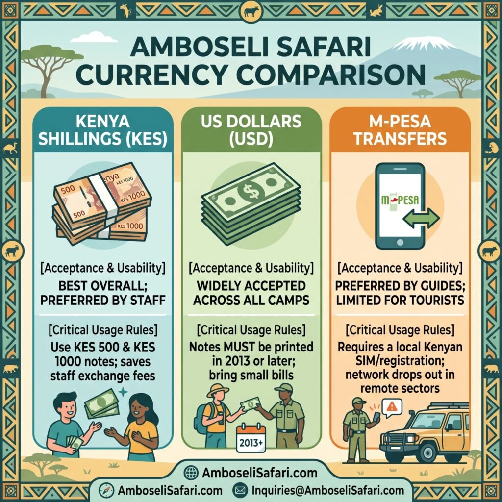 Infographic comparing Kenya Shillings, US Dollars, and M-Pesa usage on Amboseli safari.