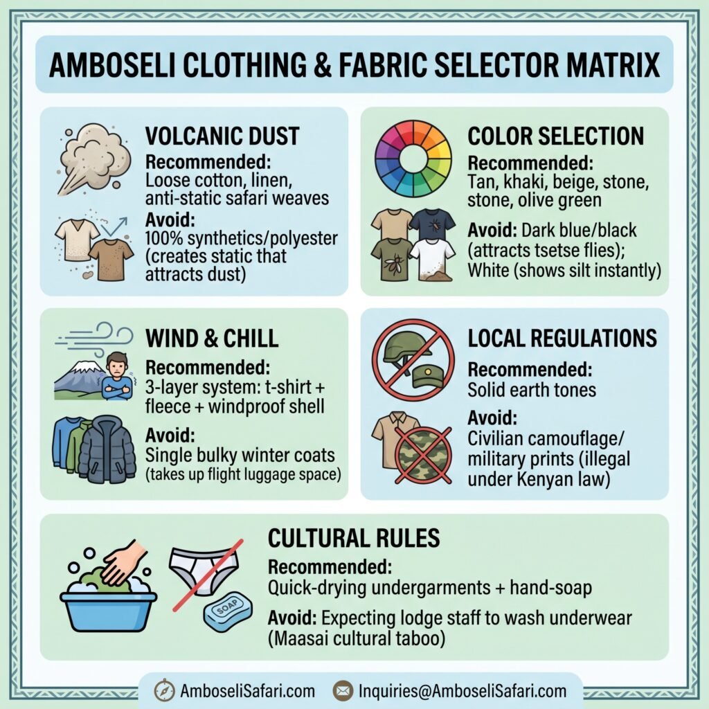 An infographic matrix guiding travelers on recommended safari fabrics, colors, and regulations for Amboseli.