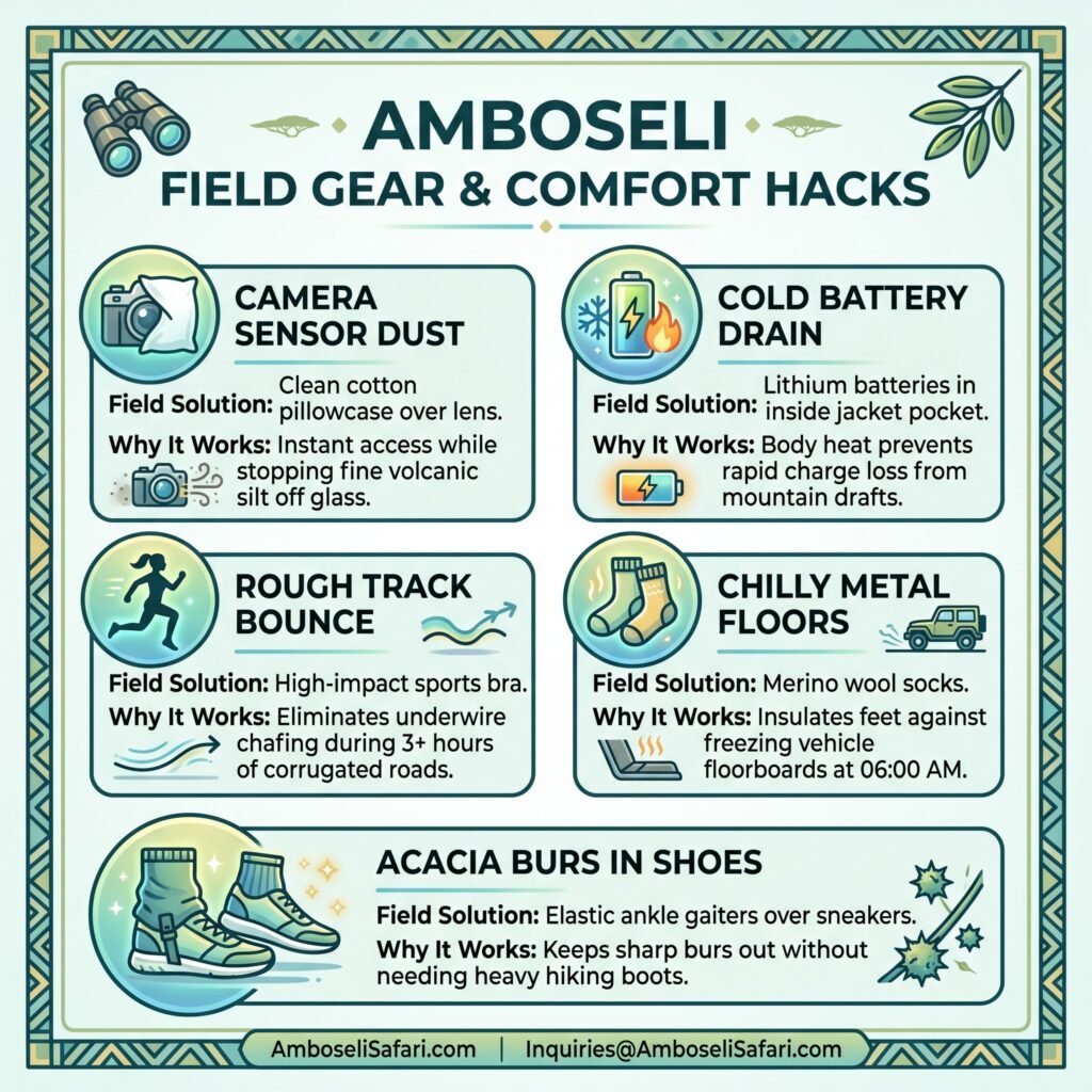 Infographic illustrating five practical comfort and gear protection hacks for an Amboseli safari.
