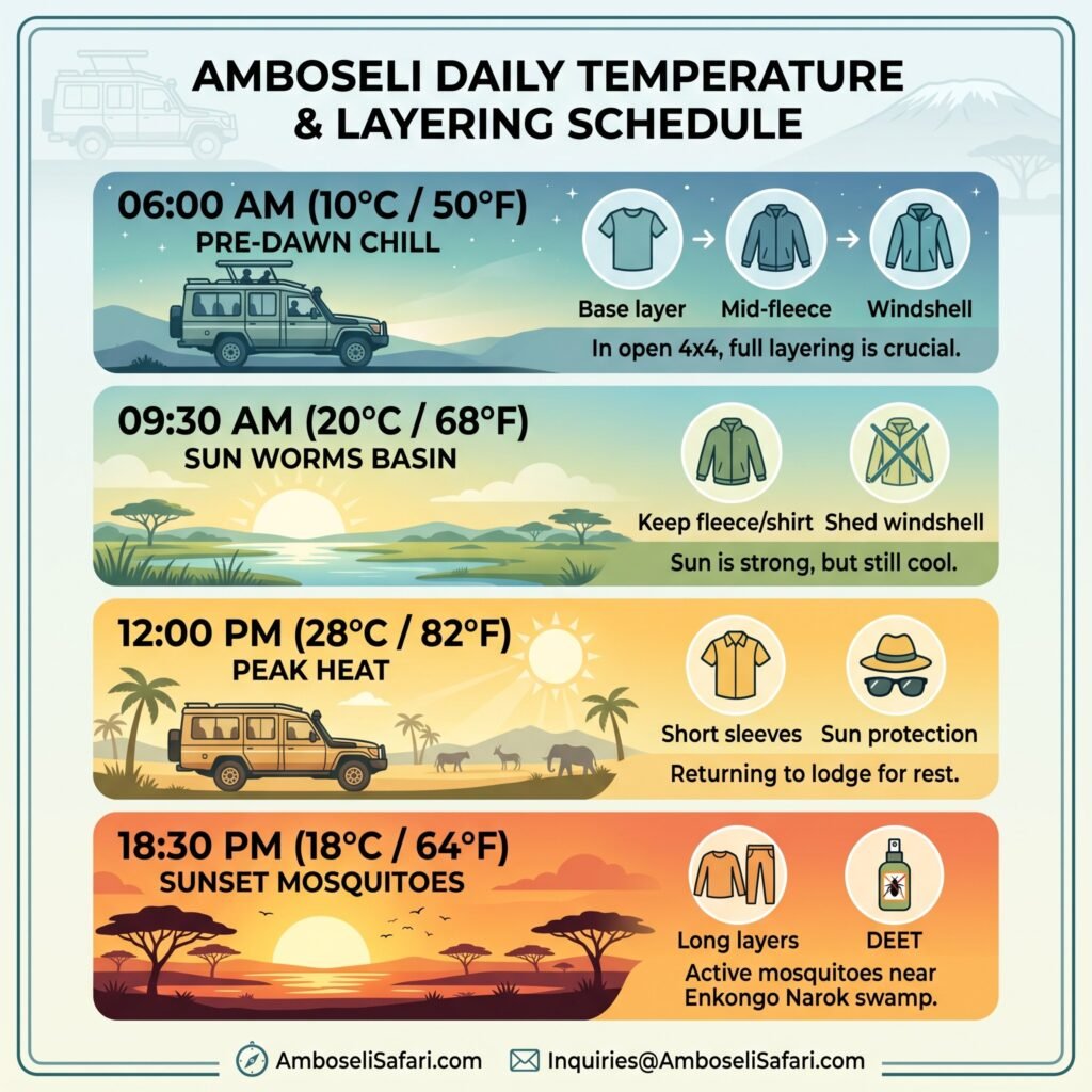 A four-step infographic showing Amboseli's temperature changes and recommended clothing layers throughout a day.