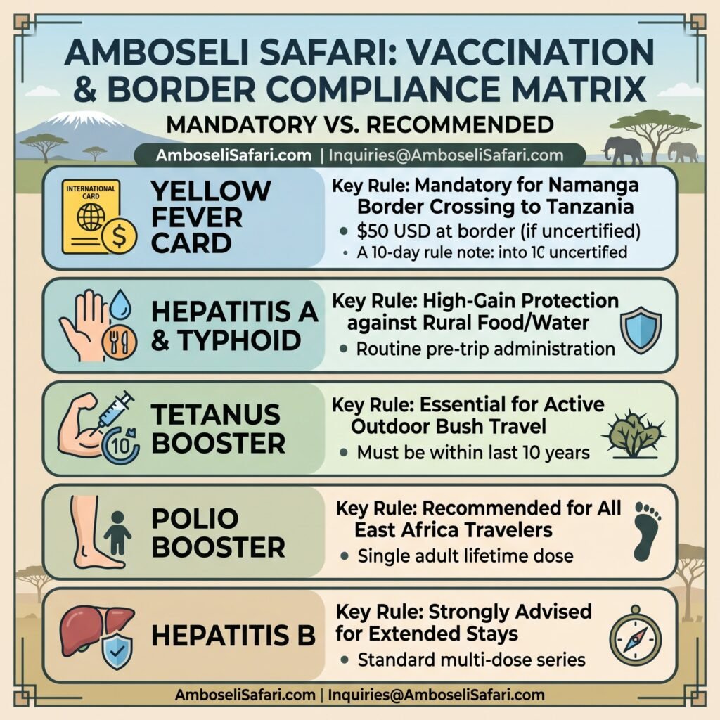 Infographic matrix outlining mandatory Yellow Fever requirements and CDC-recommended vaccinations for Amboseli safari travelers.