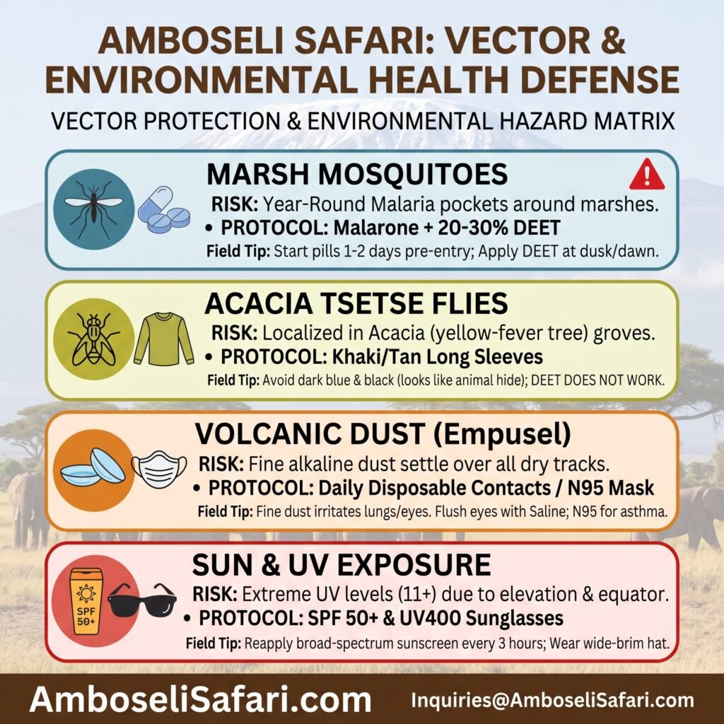 Infographic matrix for Amboseli, covering malaria prevention, tsetse fly defense, volcanic dust safety, and sun protection protocols.