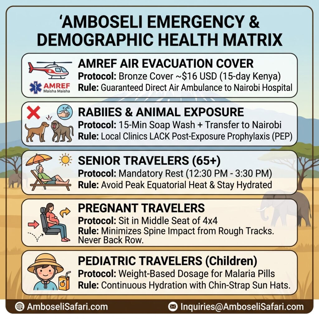 Infographic matrix for Amboseli, covering AMREF evacuation, rabies risk, senior rest, and safety tips for pregnant or pediatric travelers.