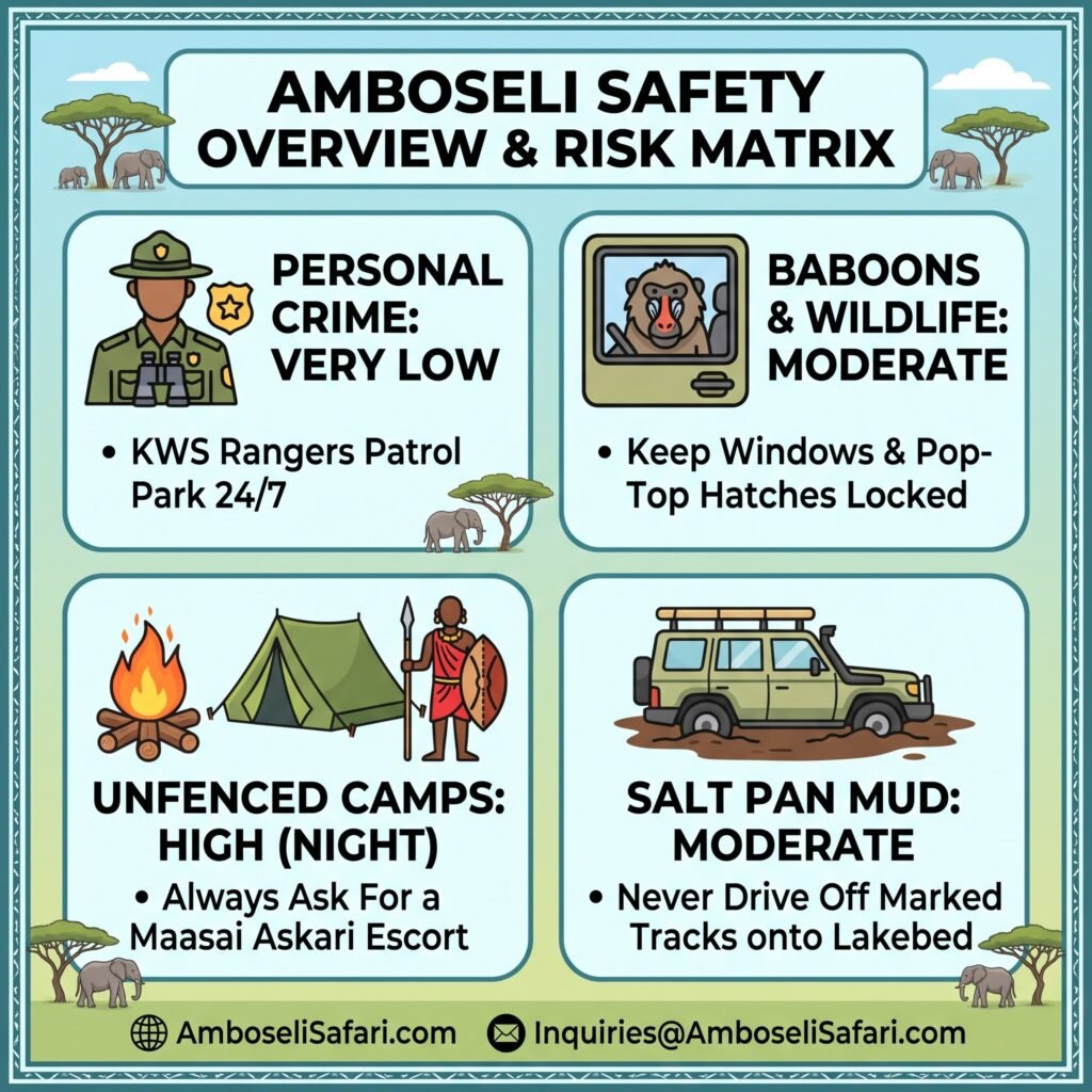 Infographic matrix summarizing safety risks in Amboseli: crime, baboons, unfenced camps, and salt pan mud.