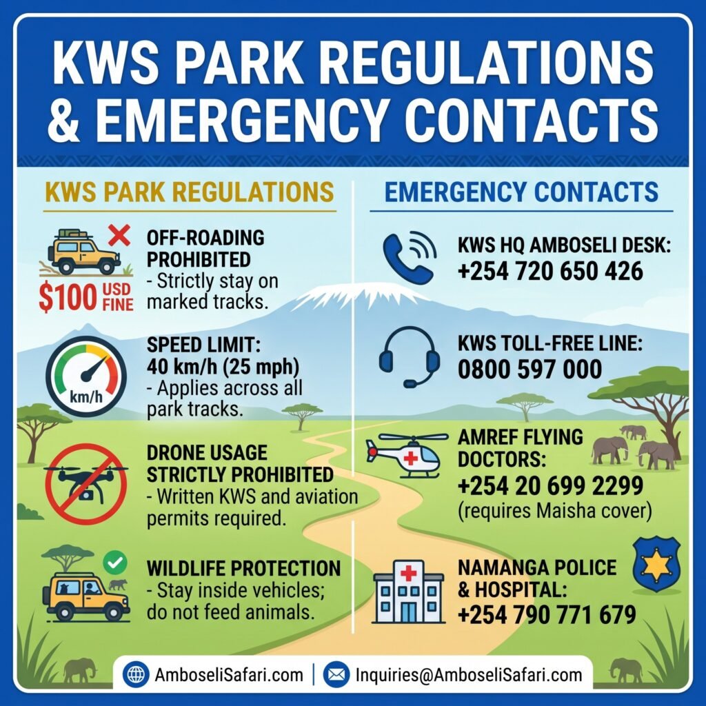 Infographic showing Amboseli KWS park rules and emergency contact numbers.