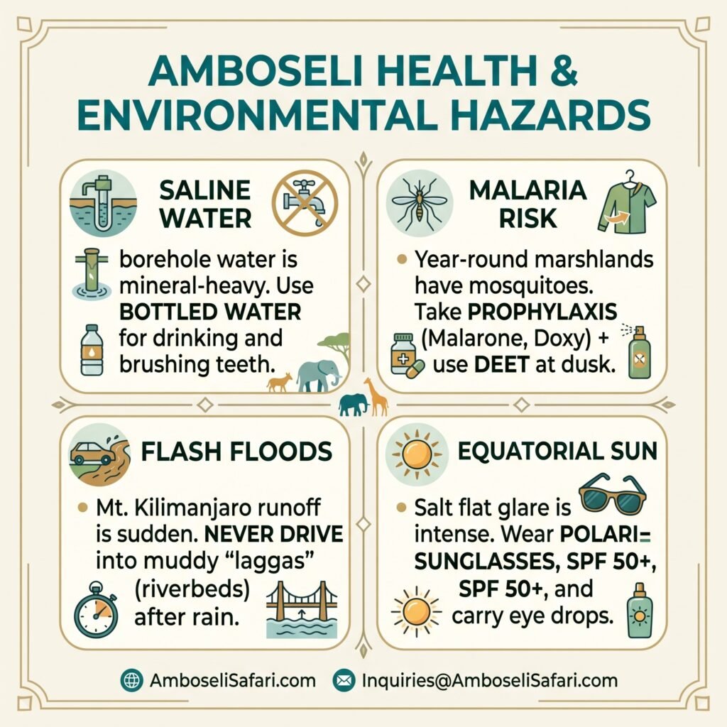 Infographic outlining Amboseli health and environmental hazards: saline water, malaria, flash floods, equatorial sun.