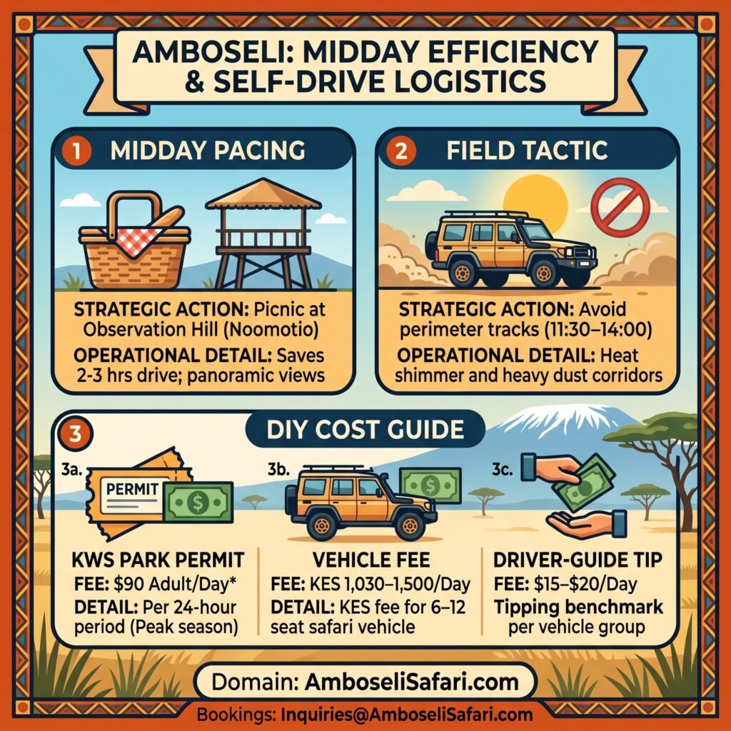 Square infographic summarizing field tactics for midday game drives, observation hill picnic advice, and self-drive permit and vehicle costs.
