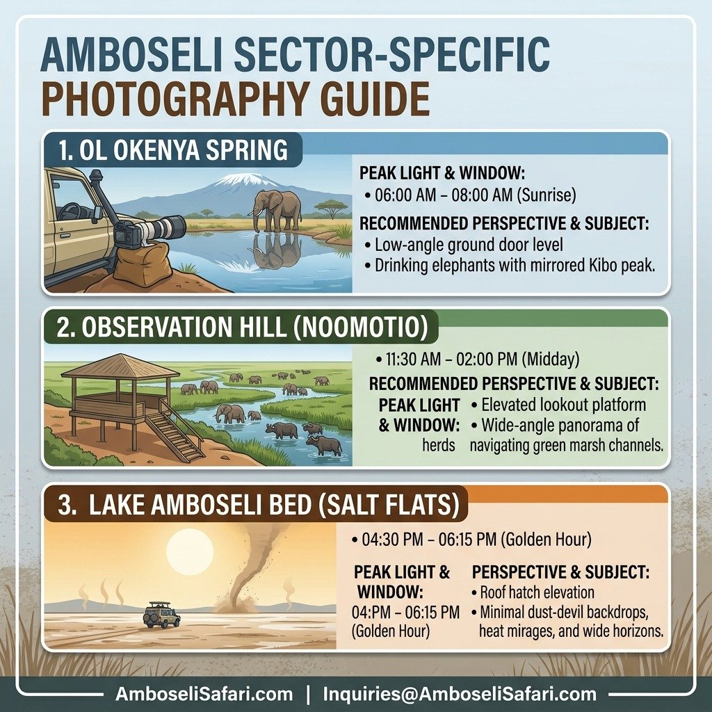 Infographic guide mapping peak lighting windows, perspectives, and subjects across major photography sectors in Amboseli.