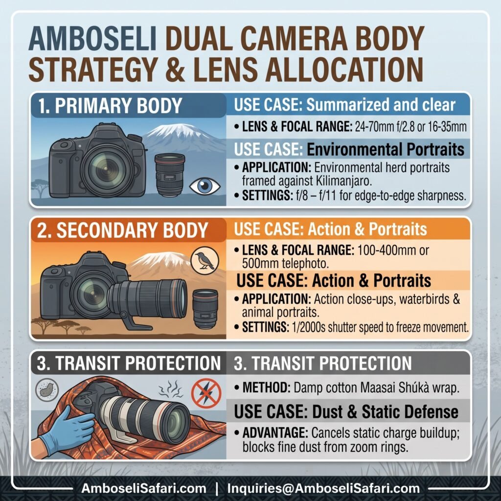 Infographic guide showing optimal lens allocation and transit protection for a dual-camera body strategy on Amboseli safaris.