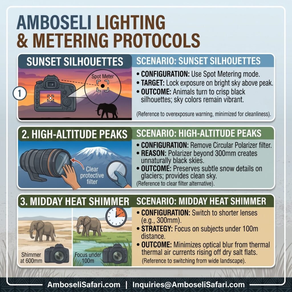 Infographic guide with diagrams explaining Spot Metering, circular polarizer removal, and heat shimmer protocols for Amboseli photography.