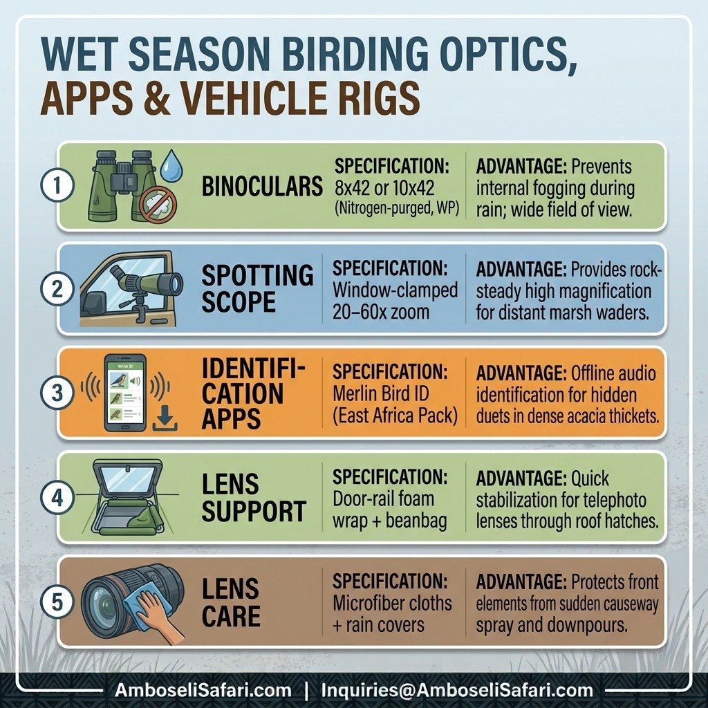 Infographic guide showing nitrogen-purged binoculars, spotting scopes, Merlin app, and vehicle supports for wet season birding in Amboseli.