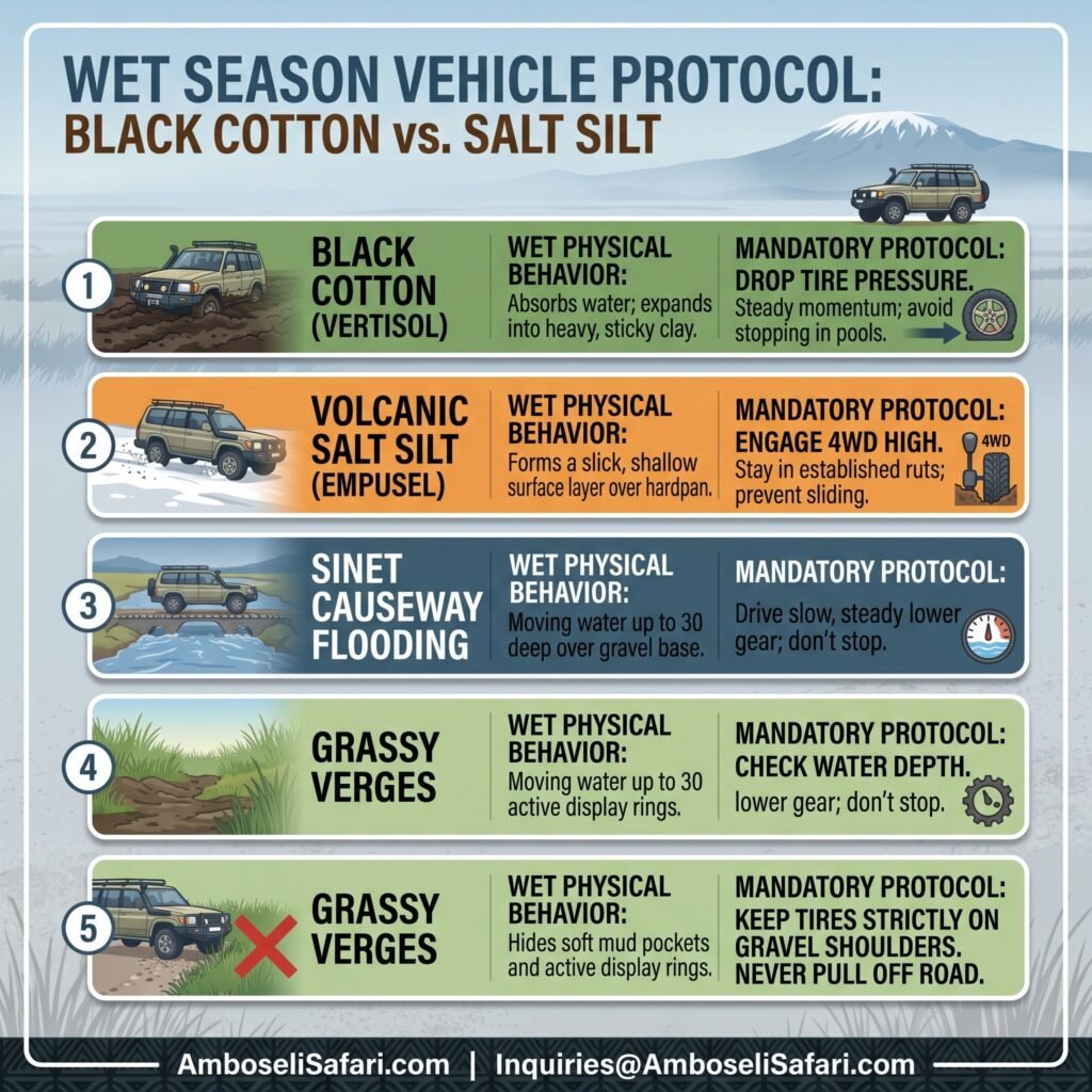 Infographic comparing soil behaviors and mandatory driving protocols for black cotton mud and salt silt.