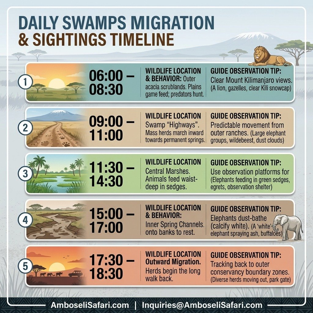 Infographic timeline showing daily animal migration between outer plains and Amboseli swamps during the dry season.