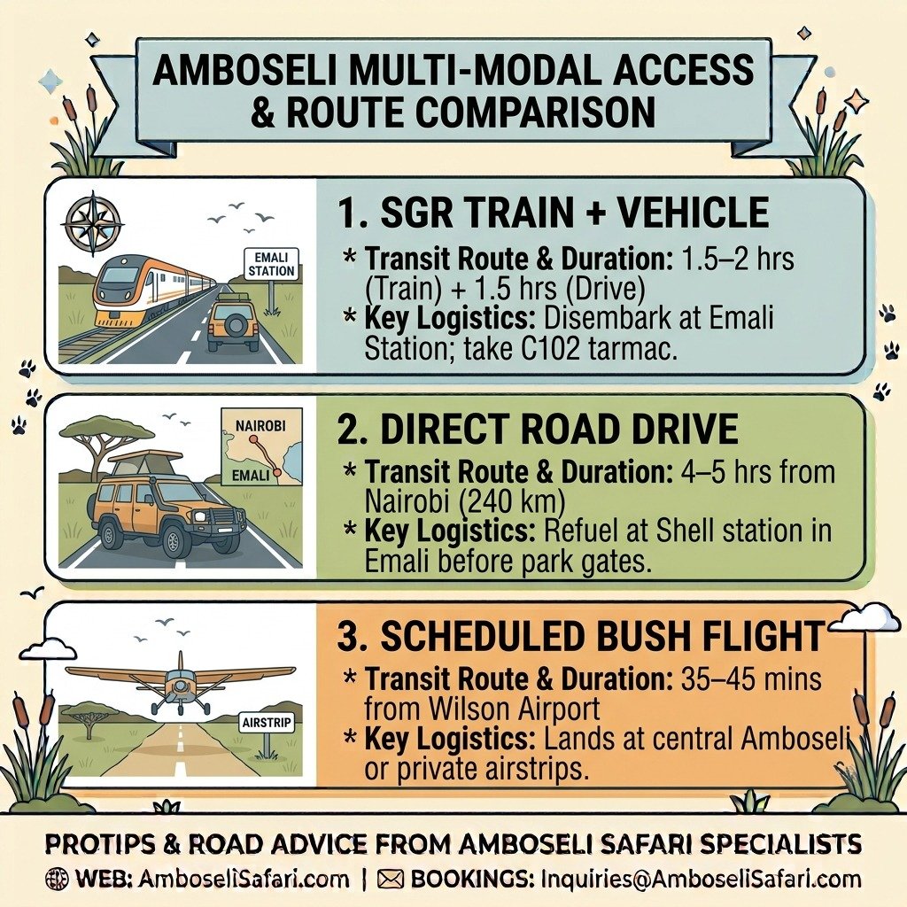 Infographic comparing SGR train transfers, direct driving routes, and bush flight options for travel to Amboseli National Park.