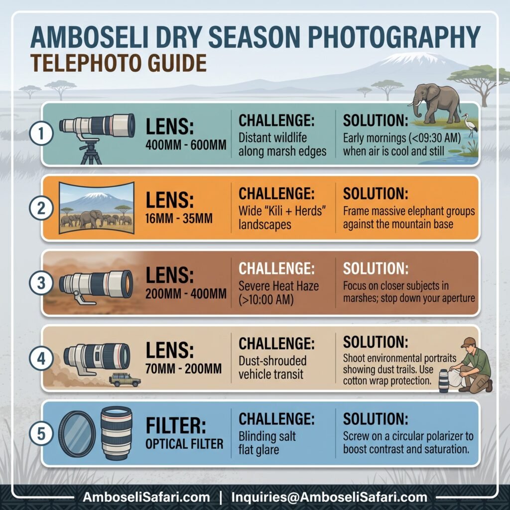 Infographic guide comparing telephoto lens choices, challenges, and solutions for Amboseli dry season photography.