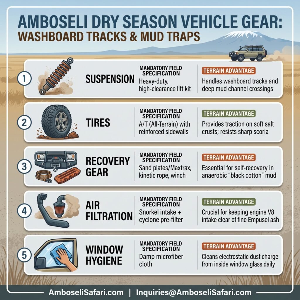 Infographic illustrating essential 4x4 vehicle specifications and recovery gear for Amboseli dry season safaris.