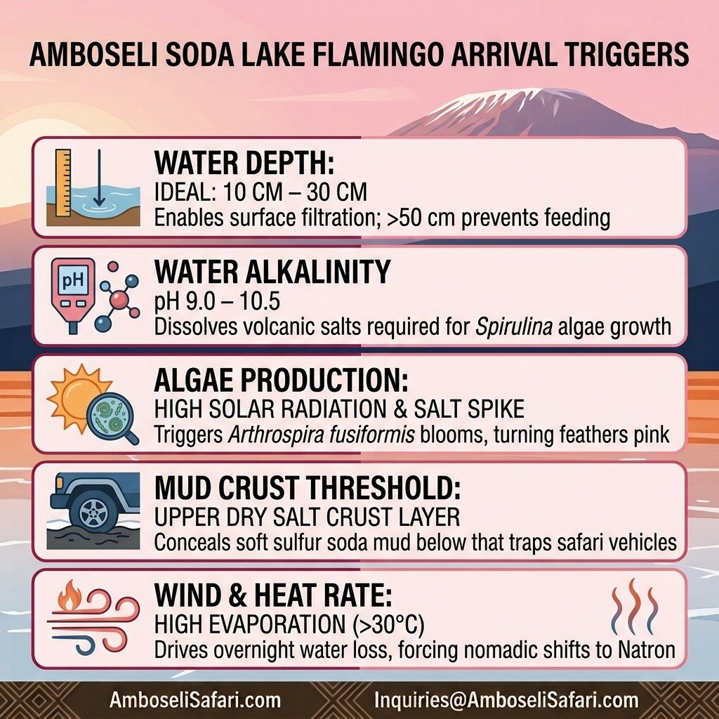 Infographic illustrating five ecological triggers for flamingo arrivals: water depth, alkalinity, algae production, mud crust, wind/heat.