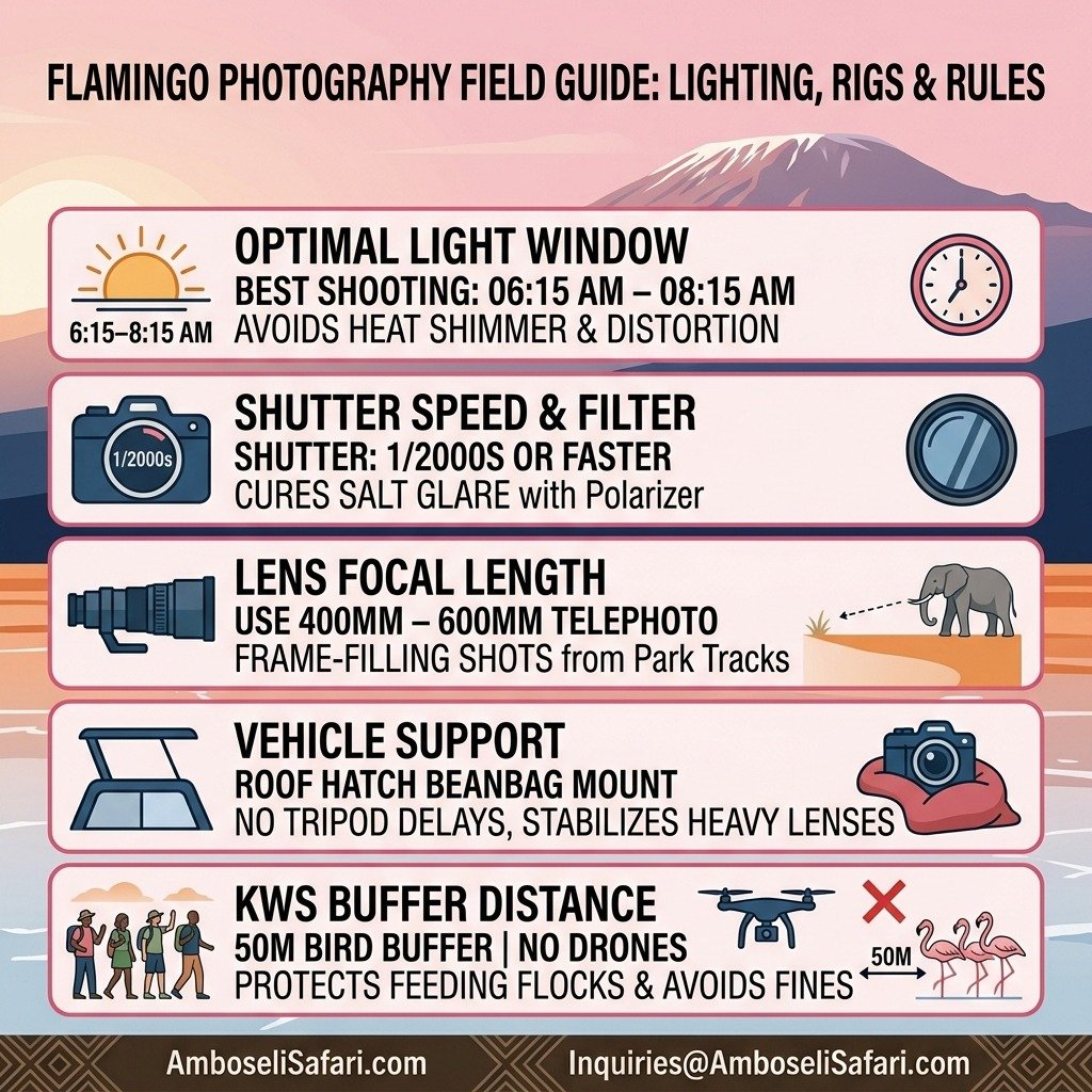 Infographic outlining lighting windows, camera settings, lens support, and KWS safety rules for photographing Amboseli flamingos.