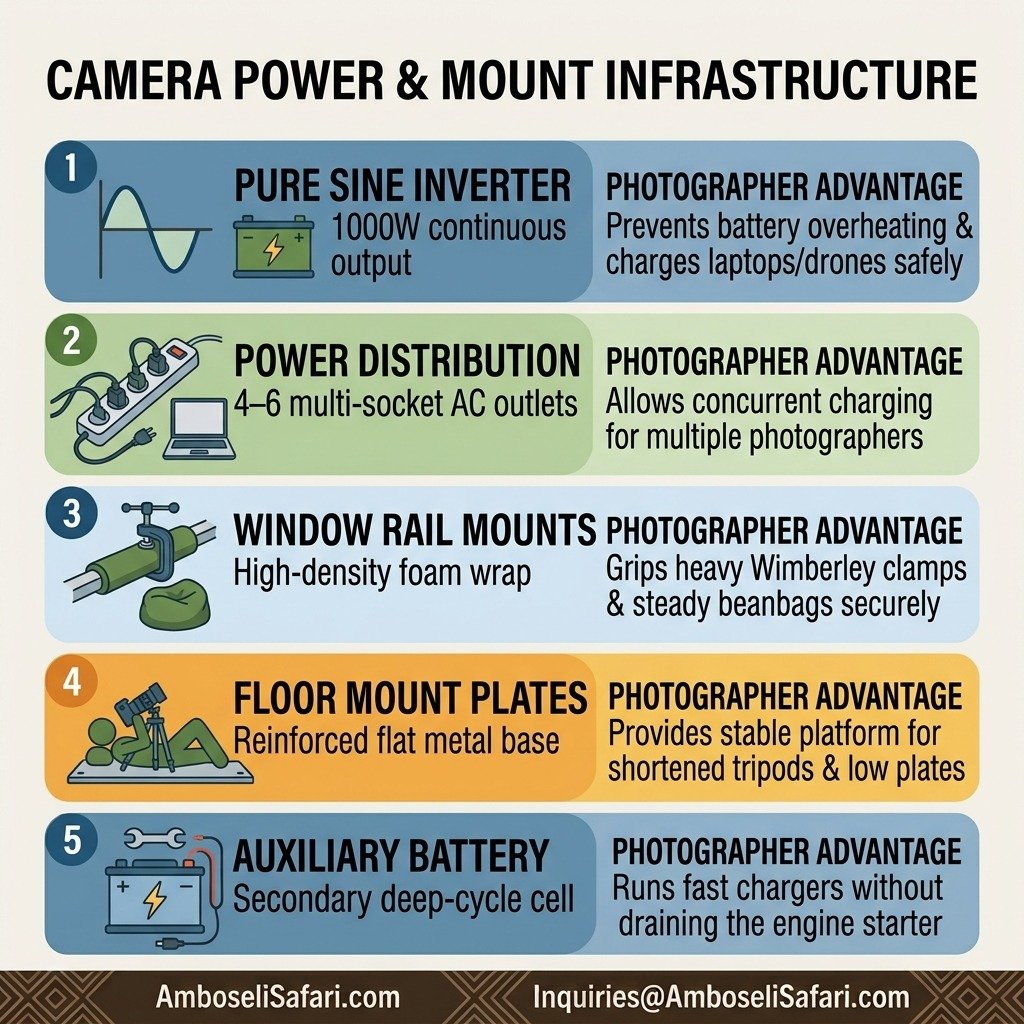 Infographic showing 1000W inverters, multi-plugs, foam window rails, and floor plates in custom photography safari vehicles.
